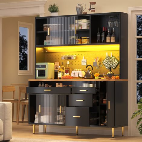 Meuble de rangement haut noir 145x39x171 cm, placard de séjour avec éclairage LED, buffet de cuisine et salle à manger, colonne avec étagères ajourées pour chambre et bureau (1/5)