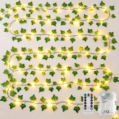Guirlande Lumineuse 10M 100 LED Lierre Artificiel Alimenté par Pile avec Télécommande, 8 Modes Étanche Guirlande Lierre pour Chambre Noël Mariage Intérieure Extérieure Décoration