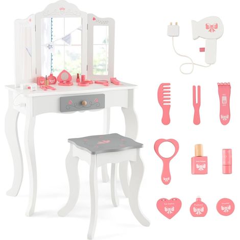 COSTWAY Toeletta Trucco per Bambina 2 in 1, Set di Tavolo Trucco e Sgabello per Bambine con Specchio Rimovibile e Cassetto, Toeletta Trucco per Bambine con giocattoli 3 Anni+ (Modello 2)