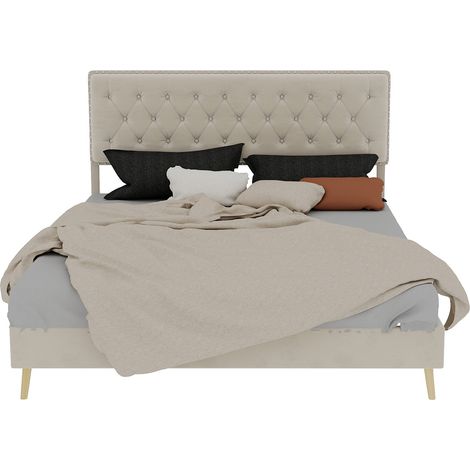 Lit rembourré moderne et minimaliste, tête de lit confortable et douce, 160200CM, beige, meuble de chambre multifonctionnel, cadre de lit coffre bas sans vérin à gaz, sans matelas. (1/5)