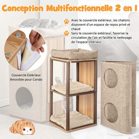 Maison pour chat beige à 3 niveaux avec griffoir en sisal, 2 niches et perchoir, pour salon, chambre et intérieur (1/5)
