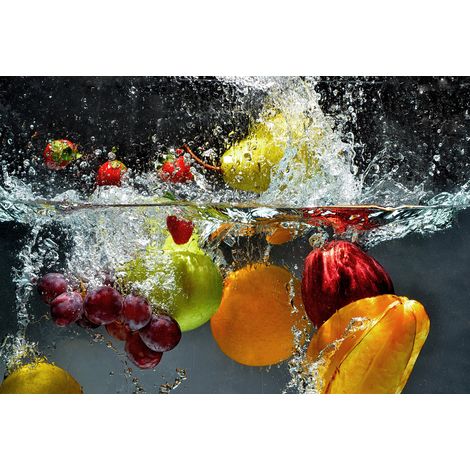 Papier peint panoramique design fruits effet fraîcheur | Tapisserie panoramique salle à manger tendance bar | Papier peint panoramique multicolore - 384 X 260 cm (8 pièces) (1/2)