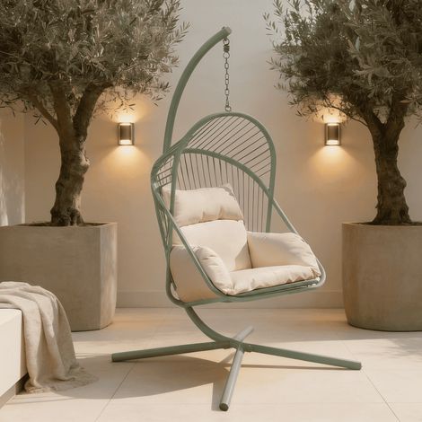 Capri Hanging Egg Chair Steel Frame Waterproof Beige Cushion Garden Outdoor Seat (1/5)