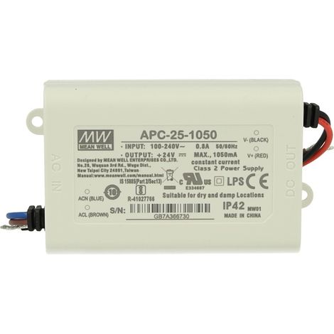 Led Driver CC MW MEAN WELL APC-25-1050 Trasformatore 1050mA 9V-24V DC 25W Corrente Costante IP42 (1/3)