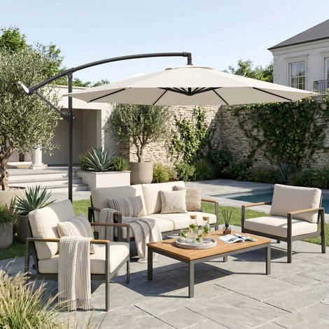 Sombrilla de Jardín Ø295 cm Parasol Excéntrico Inclinable con Manivela Base Cruzada y Soporte de Acero Crema (1/5)