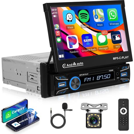 1 DIN Autoradio Écran Motorisé Rétractable 7 Pouces avec sans Fil Carplay Android Auto, Flip Out Ecran Tactile Poste Radio Voiture 1 Din Bluetooth FM MP5 USB/AUX/Lien Miroir/SWC+Caméra (1/5)