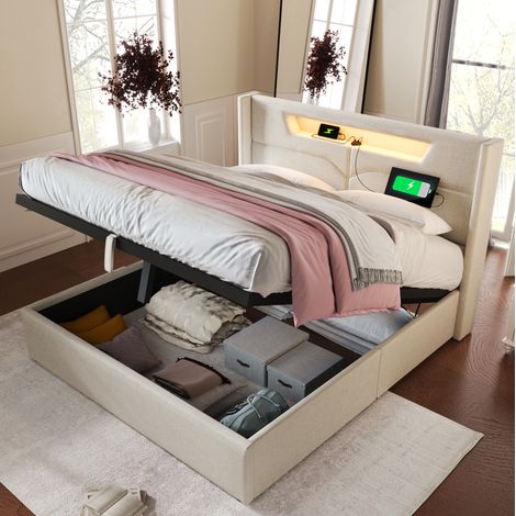MEUBLIV Lit double capitonné beige 160 x 200 cm avec led usb type c et coffre de rangement en lin et cadre en fer (1/5)