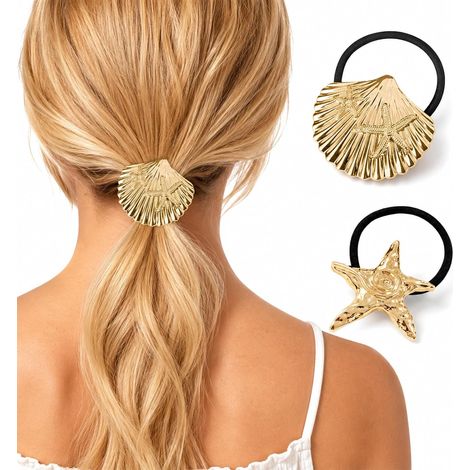 Élastiques Cheveux Dorés 2 Pièces, Métal Motif Étoile de Mer Coquillage, Accessoires Queue de Cheval Plage Été (1/5)