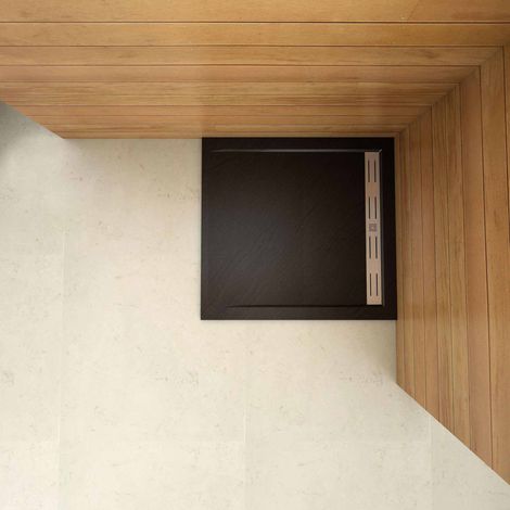 Piatto Doccia Quadrato 100x100cm in Pietra Vulcanica e Resina Mista Finitura Pietra Nera Ruvida Ultraslim 3 cm (1/4)