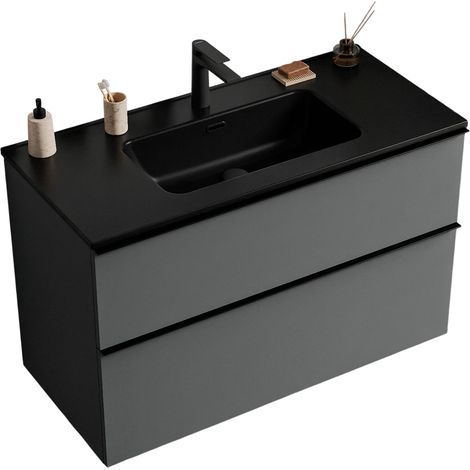 BERNSTEIN - Muebles de baño suspendidos, muebles de cuenca negra 2 cajones - 5 años Garantía - Mango metal negro - 64x81x47cm - antracita - Lavoa