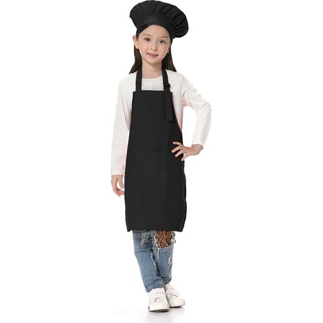 Tablier et toque de chef pour enfants Toptie, ensemble réglable en coton, tablier de cuisine pour enfant, noir, taille S-XXL (1/5)