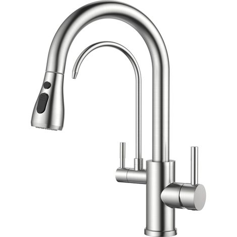 Robinet Cuisine, 3 Voies Mitigeur Cuisine, Robinet Evier pivotant à 360° avec robinet d'eau potable et douchette extractible, Mitigeur à double poignées, Acier Inoxydable (1/5)