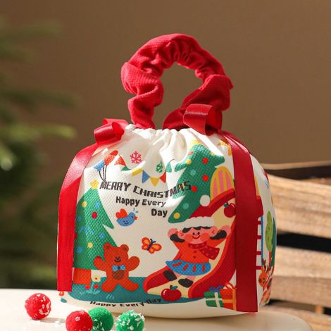 Sac Cadeau - Tissu Lin Réutilisable - Style Dessin Animé - Pour Bonbons Pommes Fêtes Noël - 1 Pièce - Taille L (1/5)