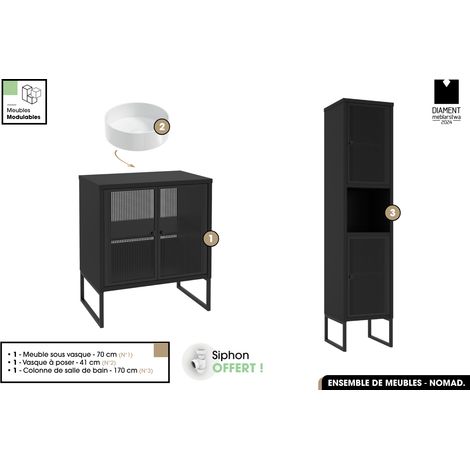 Ensemble complet de salle de bain - Meuble - Colonne - Vasque avec Siphon OFFERT NOMAD NOIR 70 x 80 x 43 cm (1/5)