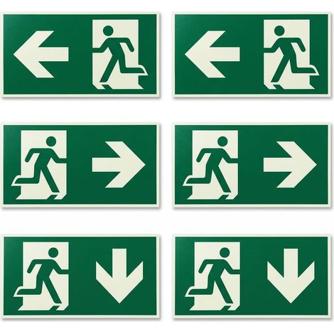 6 pièces Panneaux de sortie de secours photoluminescents autocollants 300 x 150 mm panneau de sortie avec flèche panneaux de chemin d'évacuation flèche gauche droite bas, pour hôtels écoles bureaux (1/5)