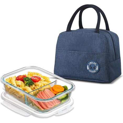 Boite Lunch Verre avec Sac, 1040ml Boite en Verre 2 Compartiment avec Couvercle Alimentaire, Lavable Lave-Vaisselle, Étanche, Boîte de Conservation Cuisinez au four, Conservez et Réchauffez (1/5)