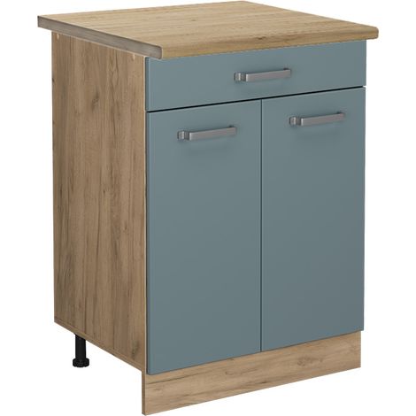 Schubladenunterschrank R-Line, Blau-Grau, 60 cm mit Schublade, AP Eiche, Vicco (1/5)