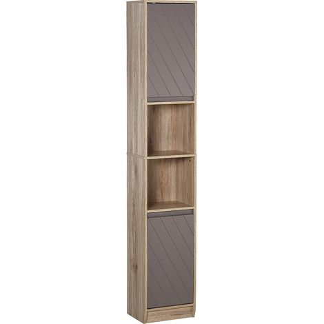 Gemütlicher Badezimmerschrank mit Säule, 30 x 24 x 170 cm, 2 Türen, Ablagefach, 2 Nischen, hellgraue Eiche