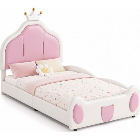 Lit enfant rembourré 90 x 200 cm, tête de lit couronne, design bicolore blanc et rose, cuir régénéré facile à entretenir, structure stable 200 kg - CHICFURN (1/5)