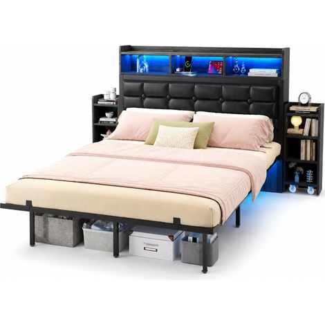 Doppelbett 140 x 190 cm aus Metall mit LED, USB, Typ-C und Nachttischen, ohne Matratze, Grau (1/5)