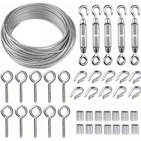 Kit de câble métallique en acier inoxydable de 5 m/2 mm avec tendeur de fil robuste M5, kit de rouleau de fil de clôture, kit de garde-corps de câble, tendeurs de fil de jardin pour plantes grimpante (1/5)