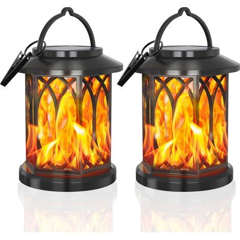 GEARLITE Lot de 2 lanternes solaires décoratives à suspendre pour jardin, effet flamme, étanches IP65, avec pinces de fixation pour pelouse et jardin. (1/5)
