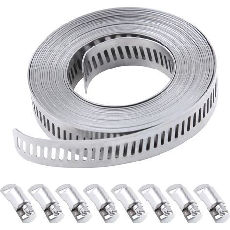 Assortiment de colliers de serrage en acier inoxydable 304 avec sangle en métal de 3,7 m et 8 fixations plus solides - Grande bande à vis sans fin réglable - Colliers de serrage à vis (1/5)