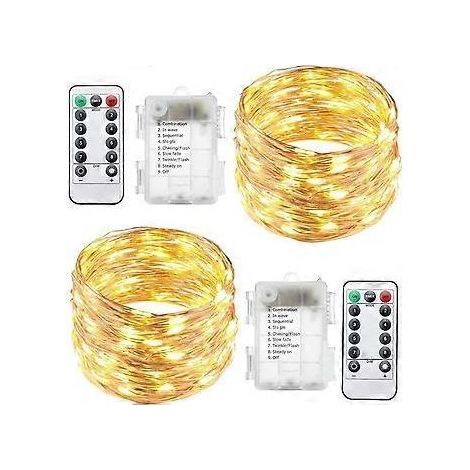 Lot de 2 guirlandes lumineuses LED piles avec télécommande, 4,9 m, 8 modes, 50 LED, fil tanche, lumires toiles, lucioles scintillantes pour terrasse, j (1/5)