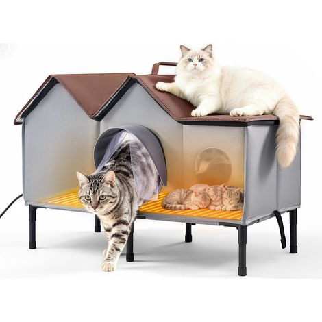 Maison Chat Surélevée Chauffante 35 W Niche Chat Errants Extérieur pour Hiver, avec Coussin Chauffant, Double Porte avec Rideau Coupe-Vent, Abri Isolé Imperméable et Résistant aux Intempéries (1/5)