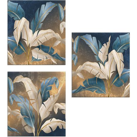 Lupia - Set 3 Quadri Moderni su Tela, LEAVES WHITE BLUE Foglie Blu e Oro, 57x57 cm, Telaio in Legno Ecologico, Decorazione per Soggiorno, Camera da Letto, Cucina, Pronti da Appendere, Made in Italy (1/4)