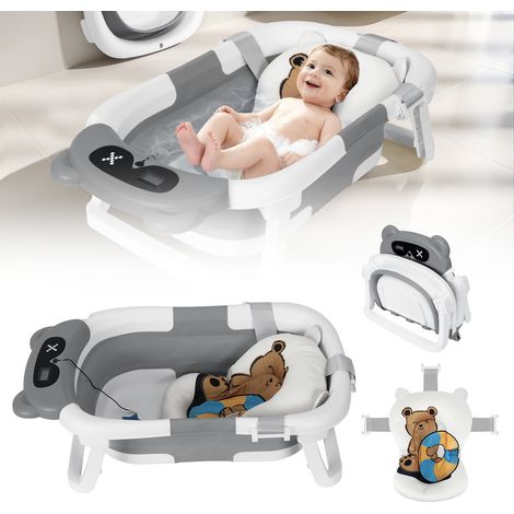 Jiubiaz Vasca da bagno pieghevole evolutiva + Cuscino da bagno con termometro + per bambini da 0 a 12 mesi + Grigio