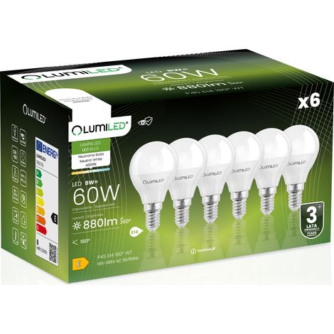 6x LED-Lampe E14 Kugel P45 8W = 60W 880lm 4000K Neutral 180° LUMILED