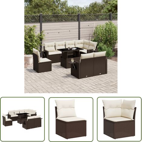 The Living Store 9-tlg. Garten-Sofagarnitur mit Kissen Braun Poly Rattan - Gartenmöbel Set - Esszimmergarnitur - Outdoor Möbel - Lounge Garnitur - Rattan Gartenmöbel (1/5)
