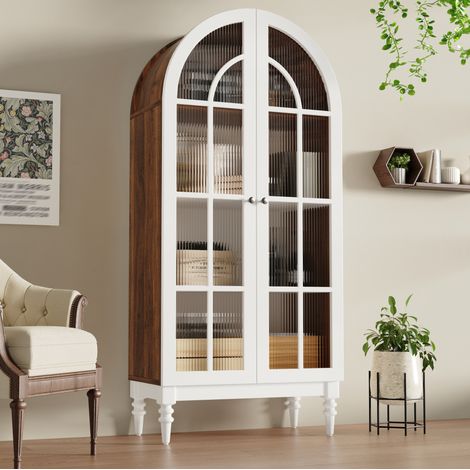 Bogen-Vitrinenschrank mit Riffelglas, 76 x 38,5 x 165 cm, Nussbaum/Weiß (1/5)