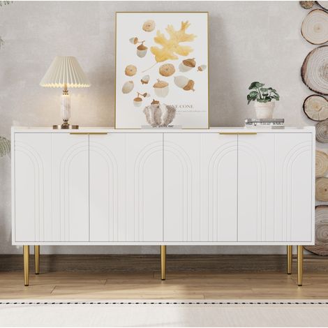 Aparador moderno (140x38x75 cm), con cuatro puertas, baldas regulables, patas de hierro dorado, MDF blanco (1/5)