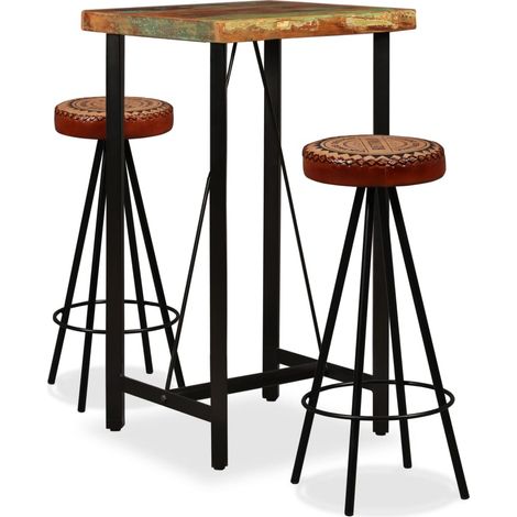 FIMEI Ensemble de bar 3 pcs Bois de récupération Cuir véritable et toile (1/5)