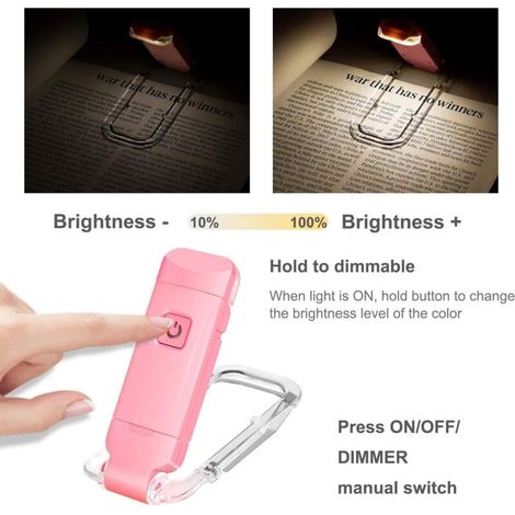 Lampada da lettura ricaricabile tramite USB, 3 livelli di luminosità per la protezione degli occhi, clip flessibile per leggere a letto, e-reader, viaggi, rosa (1/4)