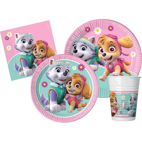 Kit Party Tavola Paw Patrol Skye & Everest per 8 persone (44 pezzi: 8 piatti carta Ø23cm, 8 piatti carta Ø20cm, 8 bicchieri plastica 200ml, 20 tovaglioli carta 33x33cm) (1/5)