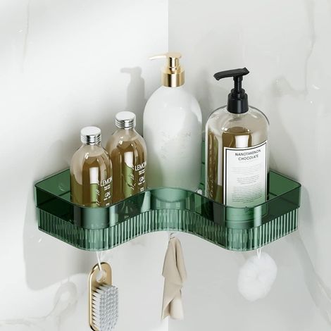 Estante de ducha sin taladro, soporte de ducha, estante de baño mate, estante de almacenamiento de ducha con ganchos, estante de baño montado en la pared (verde oscuro (sin ganchos))