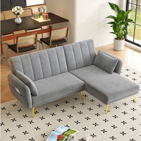 Sofá angular 3 plazas convertible con respaldo ajustable, tapizado en terciopelo, gris (1/5)