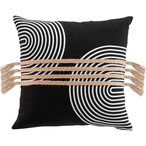 Coussin déhoussable en polycoton avec motif spirales et finition jute et pompons Milazzo - Noir - 40 x 40 cm - Livraison gratuite (1/4)