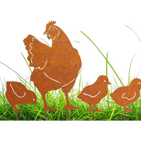 Lot de 4 piquets métal patiné, poules rouillées pour jardin, terrasse, balcon ou pot. (1/5)