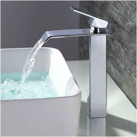 Wasserfall-Waschtischarmatur – Hochbogige Waschtischbatterie – Chrom-Armatur für Aufsatzwaschbecken – Modernes Design – INHHUB