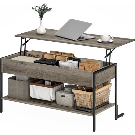 Tavolino da caffè con piano sollevabile, tavolino da soggiorno con vano nascosto e ripiano a giorno, 95x40x59 cm, grigio