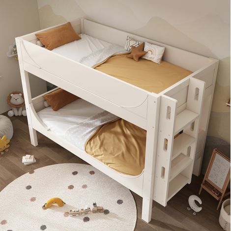 Lit superposé 90x200 cm séparables en bois blanc avec escalier-rangement et tiroirs, style luge (1/5)