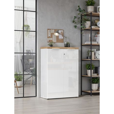 Armoire de bureau moderne H 115 cm blanc laqué/chêne Daisy (1/5)