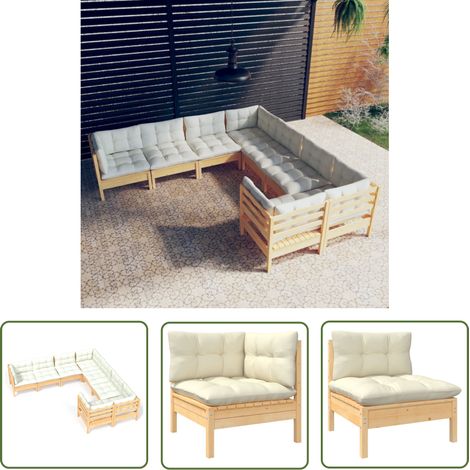 The Living Store 8-tlg. Garten-Lounge-Set mit Creme Kissen Massivholz Kiefer - Gartenzubehör - Lounge Set - Gartenmöbel - Esszimmergarnitur - Outdoor Möbel (1/5)