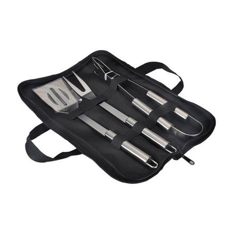 Grillbesteck-Set aus Edelstahl mit praktischer Aufbewahrungstasche, geeignet für den Außenbereich und leicht zu reinigen.