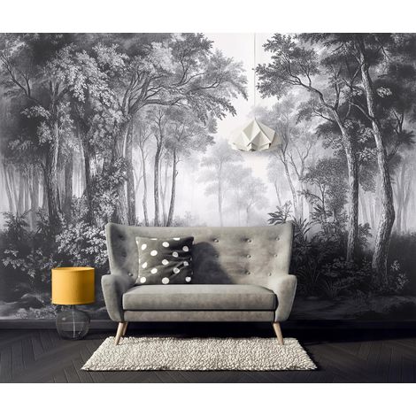 Vlies Fototapete Landschaft 350x250 cm, Tapeten, für Wohn und Schlafzimmer, Vliestapete Wandtapete Tapete 3D Effekt- inkl. Kleister - Natur Wald schwarz und weiß, WallArena (1/4)