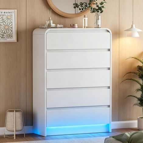 JOOKGBD-Comò 73x40x110 cm 5 Cassetti con LED Multicolori,Comò, Mobile da Giorno per Soggiorno o Camera, Illuminazione LED RGB, Struttura Robusta, Bianco